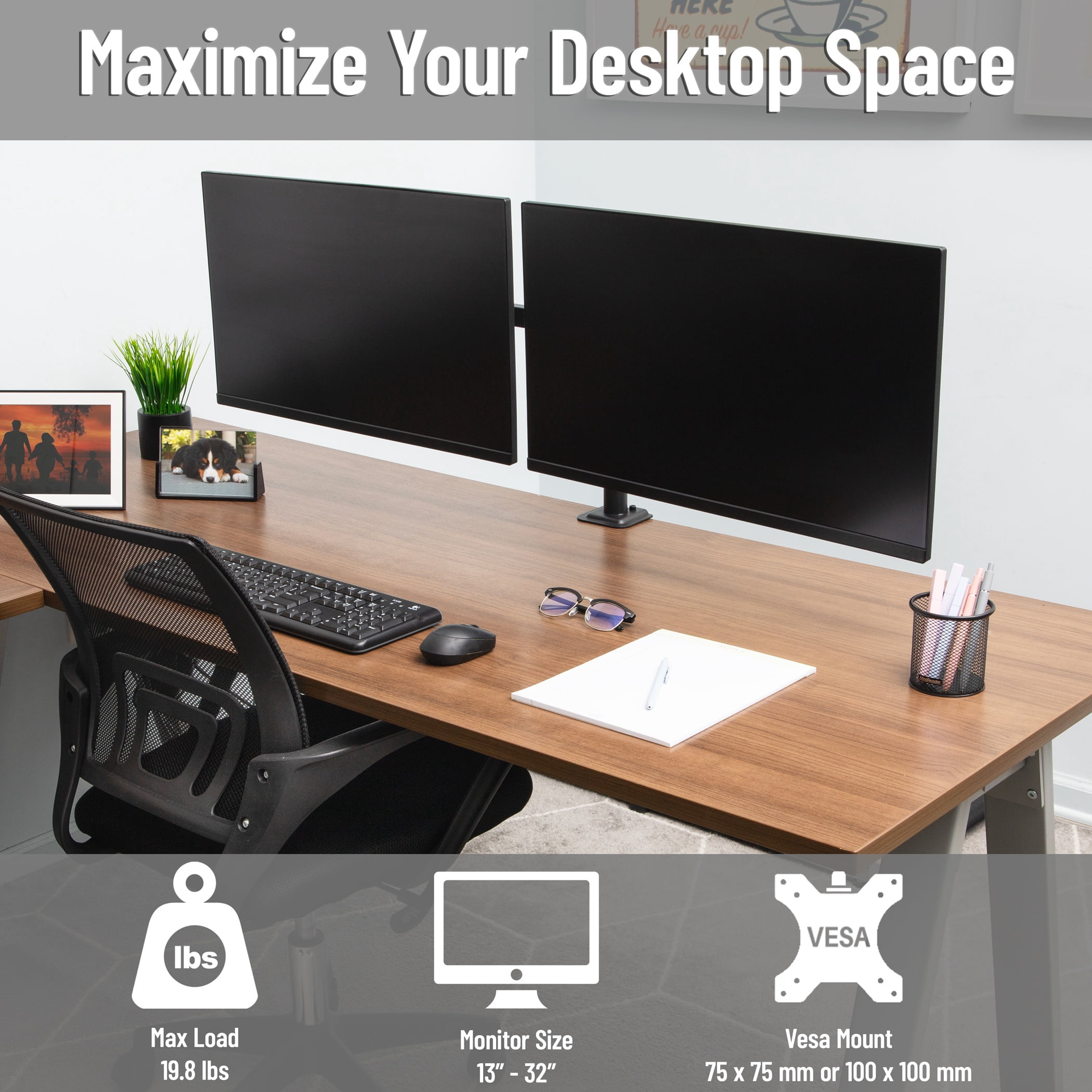 Mind Reader Dual Monitor Desk Mount for 13"-32" Screens, Adjustable VESA Mount with 180° Rotation, ±90° Swivel, ±45° Tilt, 17.6 lb Capacity Each, Black