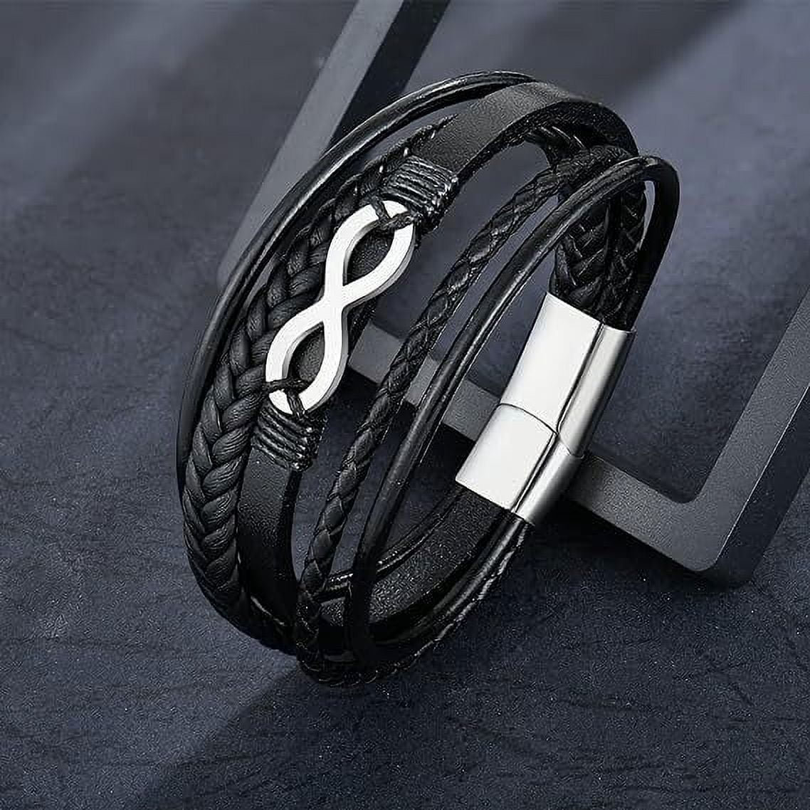 Raymard Mens Infinity 8 Multi-Layer Leather Bracelet,8.5" Black and White Bracelet for Men