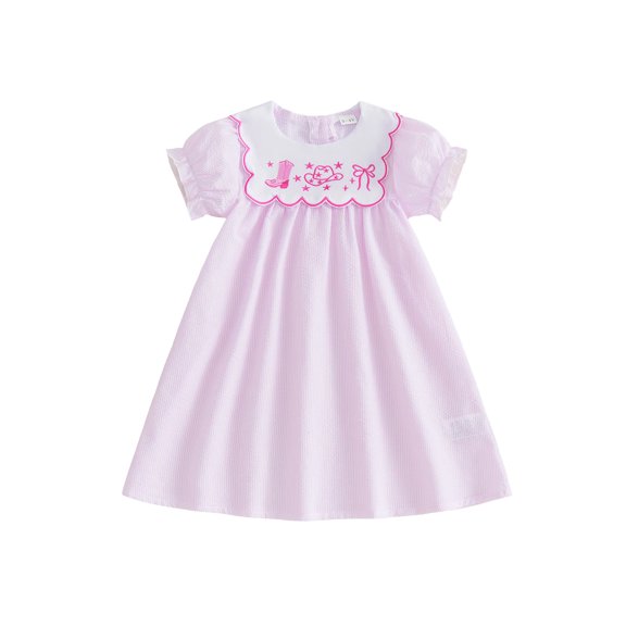 Cjfdfy Western Toddler Baby Girl Cowgirl Dress Outfit Little Baby Girls Summer Fall Dress Clothes Pink Striped Boots Cowboy Hat Embroidered Puff Short Sleeve A-line Dresses