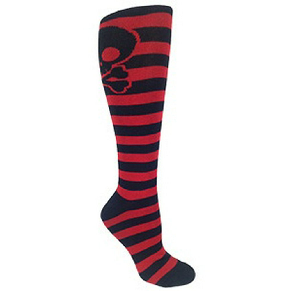 MOXY Socks MOXY Socks Black and Red Striped Skater Skull KneeHigh