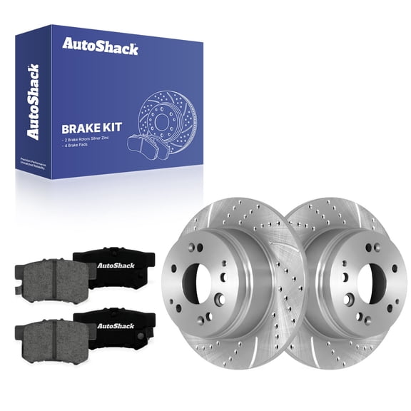 AutoShack Rear Solid Drilled & Slotted Silver Zinc Coated Brake Rotors   Premium Ceramic Pads 6-PC Brake Kit Replacement for 2004-2008 Acura TL 2003-2011 Honda Element SilverShield Pro 11.1" (282 mm)