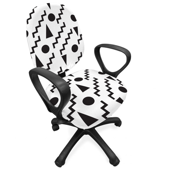 Geometric Office Chair Slipcover, Abstract Avant Garde Pattern of Minimalist Geometric Shapes and Zigzags, Protective Stretch Decorative Fabric Cover, Standard Size, Charcoal Grey White, by Ambesonne