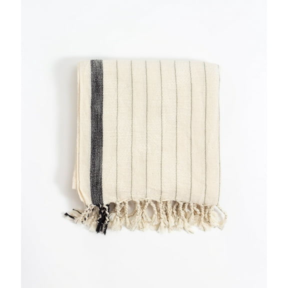 Black Striped Beige Beach Towel, Natural Large Bath Towel, 100% Cotton Multi Purpose Throw
