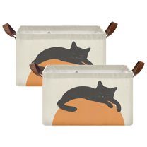 Yayeee Foldable Storage Basket for Shelves with Handles Set of 2 Waterproof Cloth Bins, Sleeping Black Cat