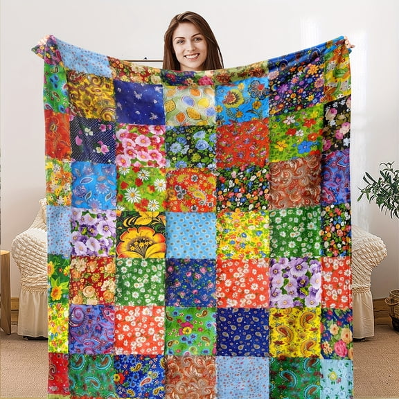 Cozy Vintage Floral Plaid Flannel Throw Blanket - Perfect for Christmas & Thanksgiving, Soft & Warm for Couch, Bed, Travel & Camping, Machine Washable, All-Season Comfort, Plush Blanket