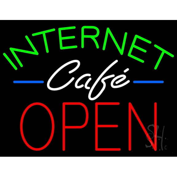 Internet Cafe Open LED Neon Sign LED Neon Sign 15 x 19 - inches, Clear Edge Cut Acrylic Backing, with Dimmer - Bright and Premium built indoor LED Neon Sign for Computer & Electronics store decor.