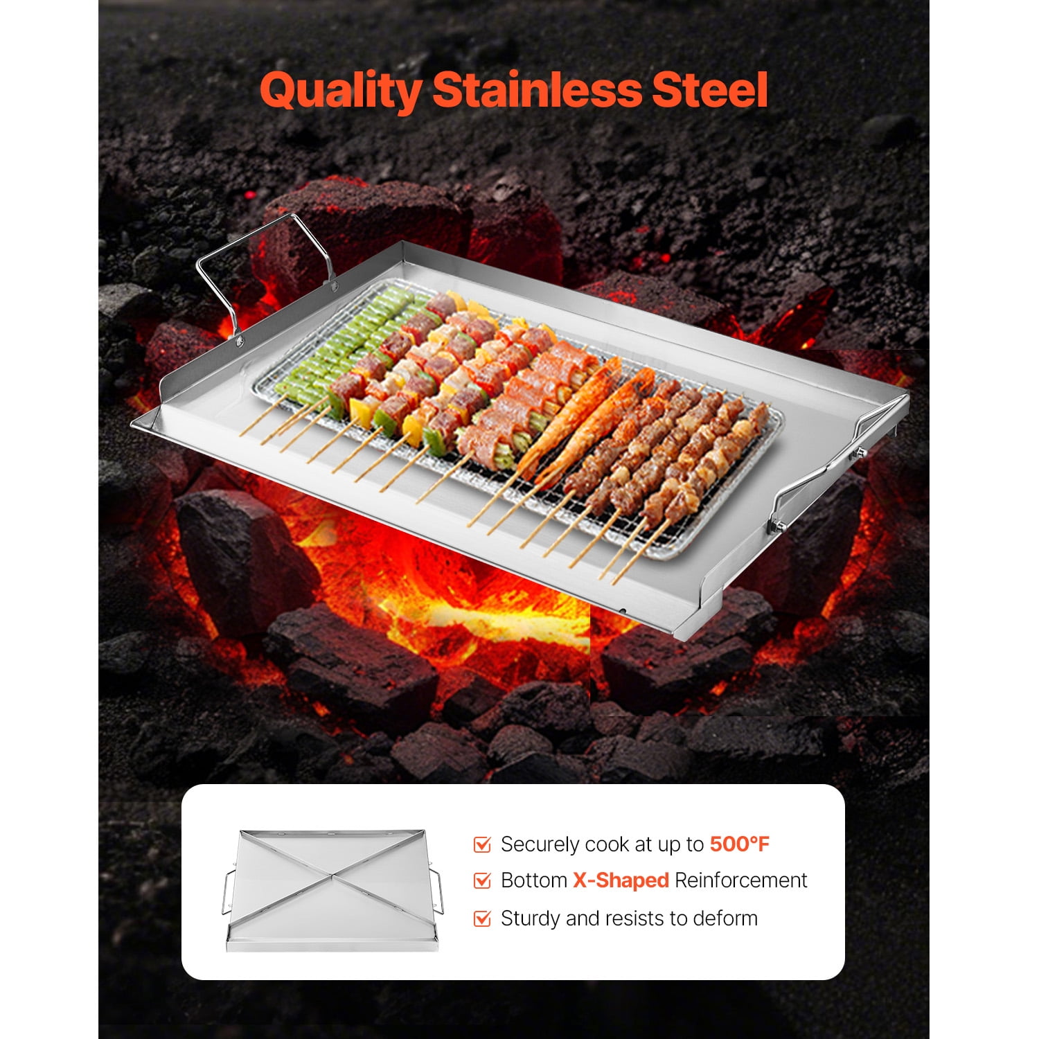 KFFKFF Griddle in Stainless Steel, Dimensions 23x16 inch, Flat Rectangular Plate, Suitable for BBQ Grill, Teppanyaki, Compact and Portable Cookware with Handle, Ideal for Camping