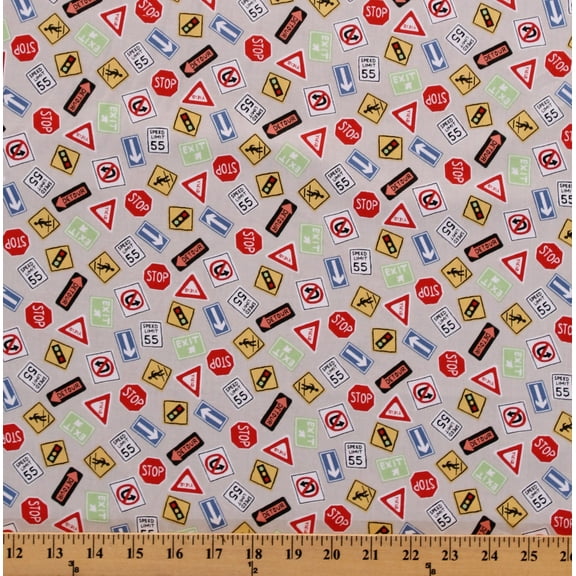 Cotton Road Signs Traffic Signs Stop Yield Driving Highway Kids Keep on Truck'n Light Gray Cotton Fabric Print by the Yard (Y2677-5)