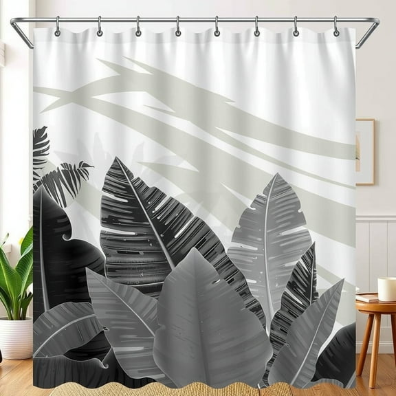 Black and White Tropical Leaves Shower Curtain with Hem - Elegant Gray Design on White Background