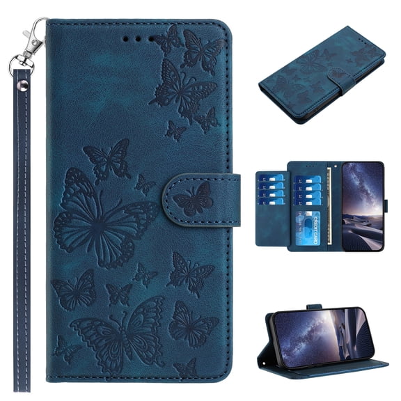 for iPhone 15 Butterflies Embossed Wallet Case with Wrist Strap - PU Leather Flip Folio Phone Case with 8 Card Holder & 1 Cash Pocket Stand Cute Aesthetic for Women Ladies, Darkblue