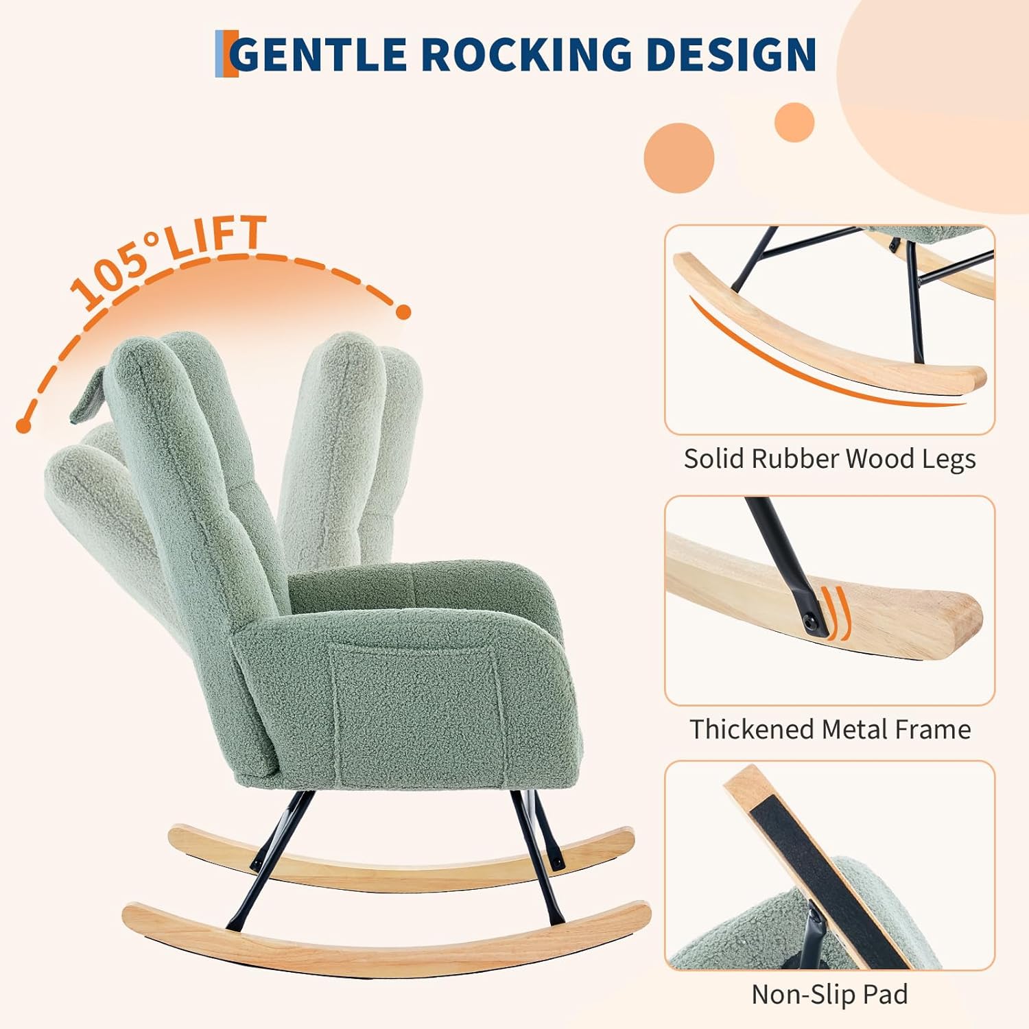Rocking Chair Nursery Teddy Upholstered Baby Fluffy Glider Rocker for Adults Small Spaces Indoor Nursing Chair for Living Room Bedroom Classroom Beige Comfortable Durable Stylish-Green