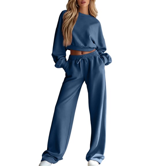 Sweatsuits Women 2 Piece Outfit 2026 Solid Drawstring Wide Leg Sweatpants Crew Neck Long Sleeve Cropped Tracksuit