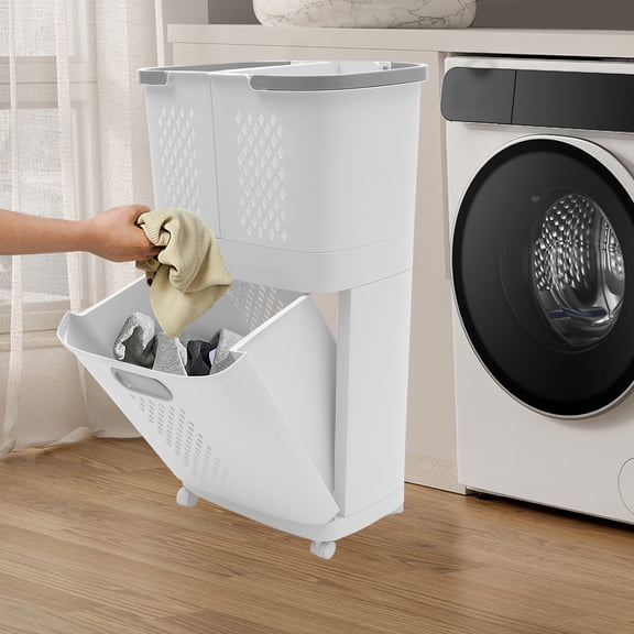 2-Tier Multifunctional Laundry Basket Pp Material Injection Molding Multi-layer Clothes Storage Basket Free Standing Laundry Basket on Wheels for Laundry Rooms Balconies Toilets