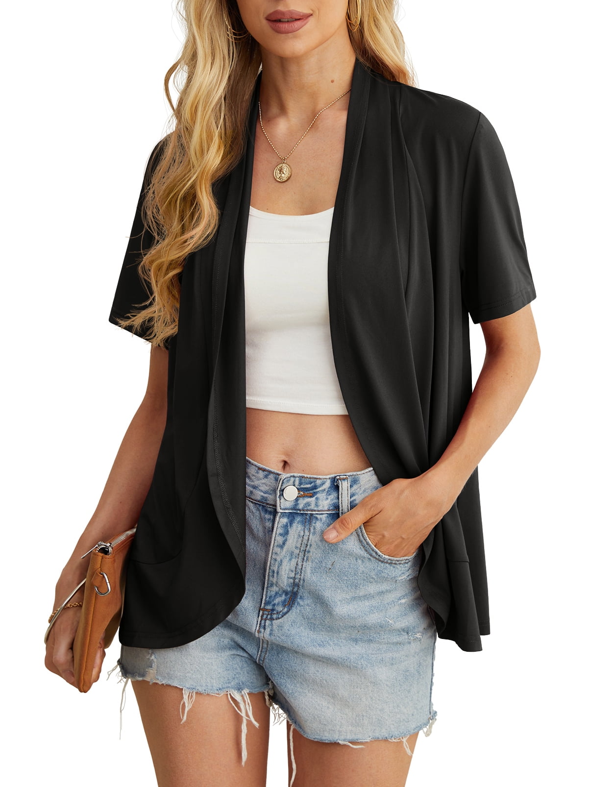 Women's Summer Cardigans Lightweight Open Front Draped Ruffles Hem Short sleeved thin cardigan with curved edges, elegant, casual, lightweight cardigan Black-L - image 2