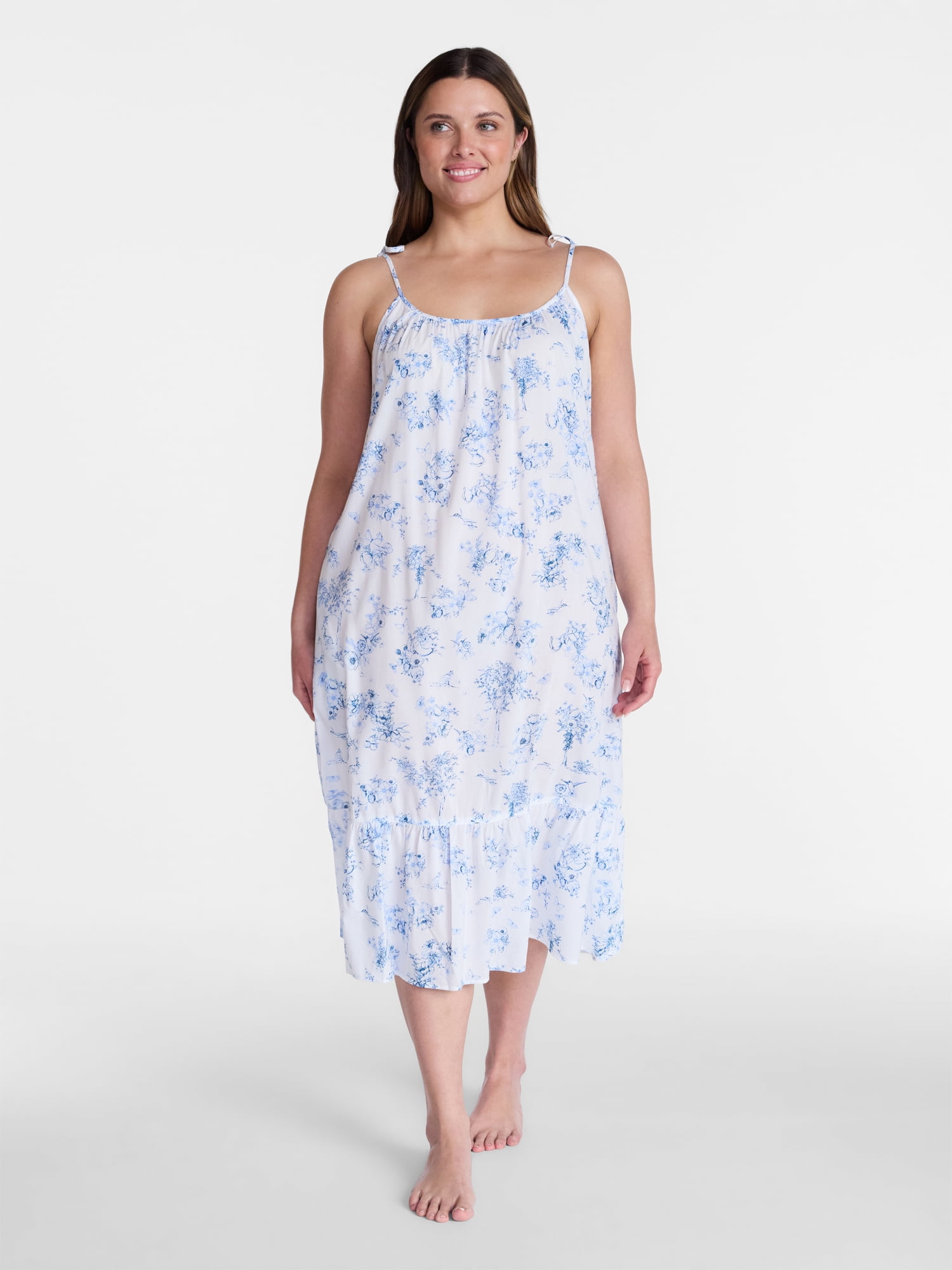 Joyspun Women's Woven Midi Sleep Gown with Shoulder Tie, Sizes XS-3X