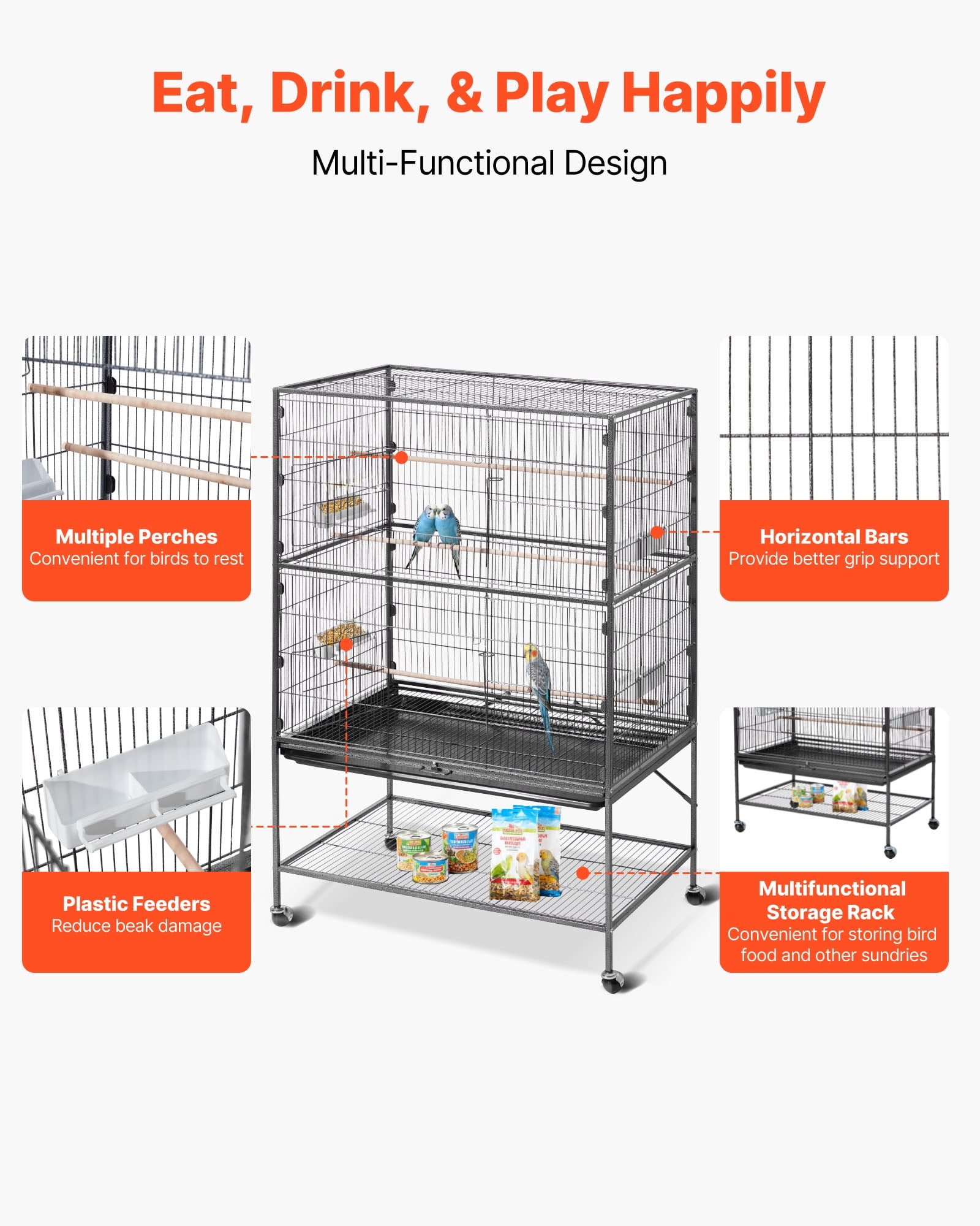 VEVOR Bird Cage, 36.6 x 22.8 x 59.5 inch, Flat Top, Wrought Iron Bird Flight Cage with Perches, Slide-Out Tray and Plastic Feeders, for Blue Tit, Cockatiel, Canary, Monk Parakeet, African Grey Parrot