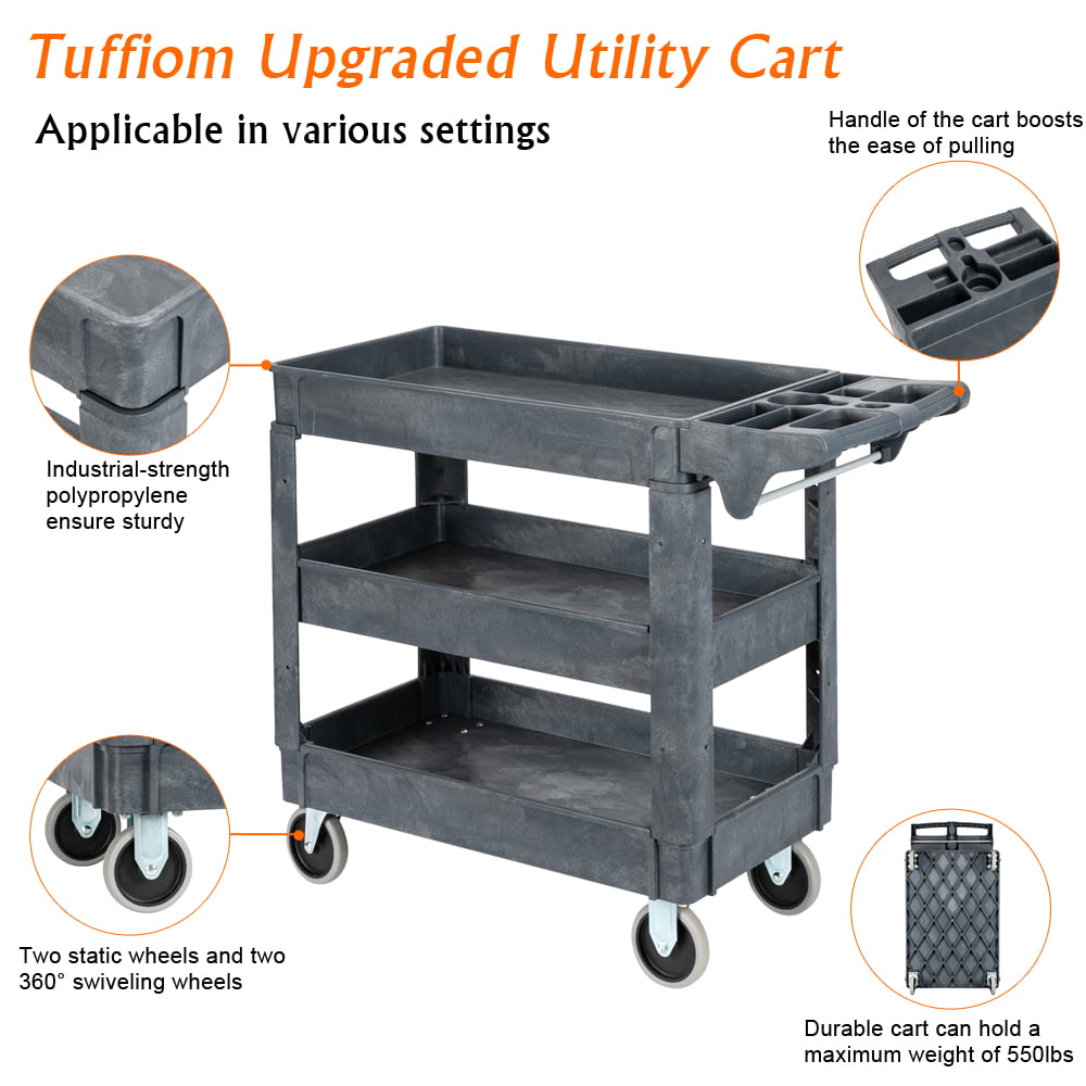 VEVOR Utility Service Cart 2 Shelf 550lbs Heavy Duty Plastic Rolling Utility Cart with 360° Swivel Wheels (2 with Brakes) Large Lipped Shelf