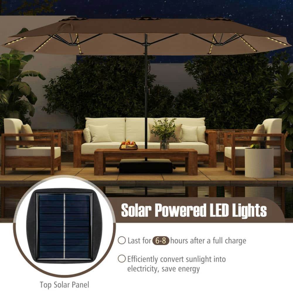 Demifill 15.5 FT Extra-Large Patio Umbrella, Outdoor Shade with LED Solar Lights and Crank Handle for Outdoor, Brown