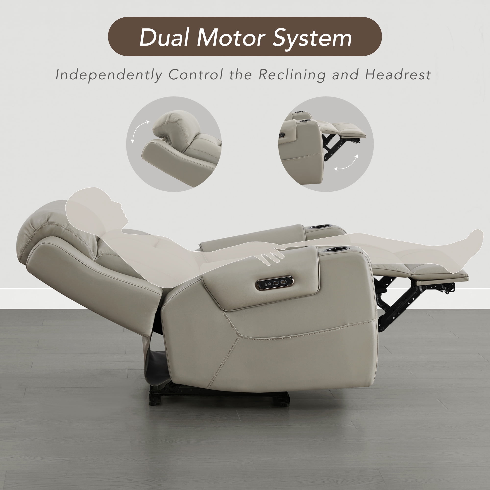 Spruce & Spring Lay-Flat Genuine Leather Power Recliner Chair with Headrest, Gray
