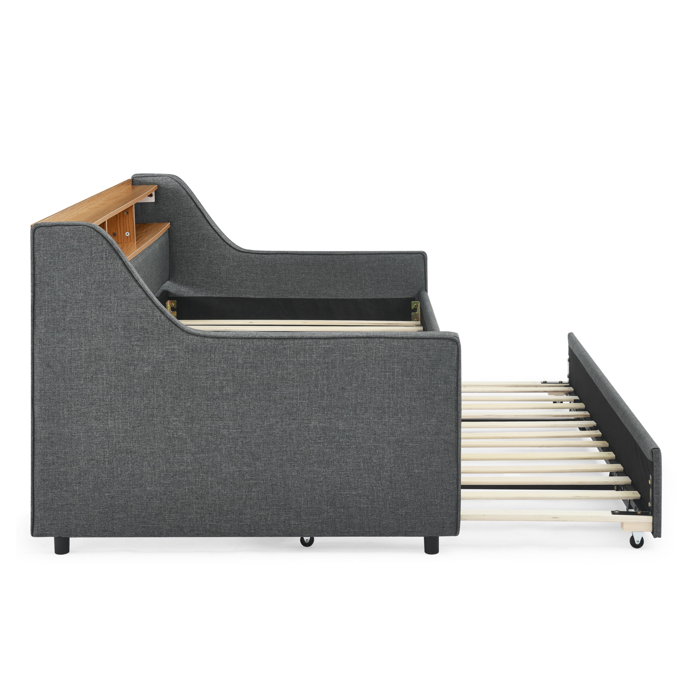 Noble House Zerra Twin Linen Upholstery Sofa Bed, Daybed Frame with LED Lights Headboard, and Pull-Up Trundle, Gray