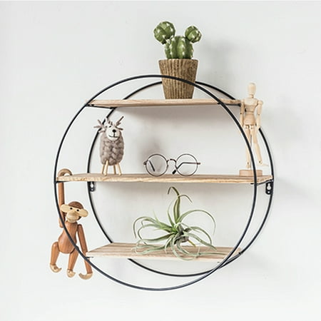 Round Lower Shelf (Solid Wood Wall Shelves Shelf Retro Style Storage Rack Round Metal Rack Storage For Home Bedroom)