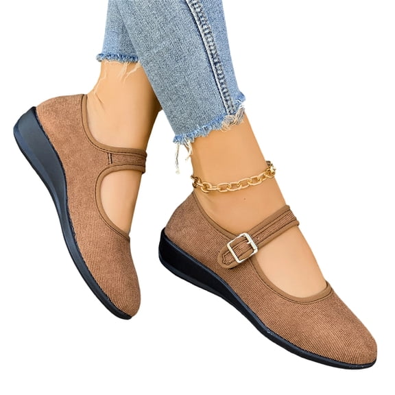 Nestiefly Ballet Flats for Women Round Toe Mary Jane Shoes Comfortable Dressy Women Flats Adjustable Straps Slip On Shoes Brown Wide 7