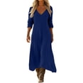 thumbnail image 2 of Ayolanni V Neck Fall Dresses for Women Long Sleeve Beach A-Line Maxi Dresses Pleated Flowy Casual Solid Long Dress Blue XL, 2 of 7