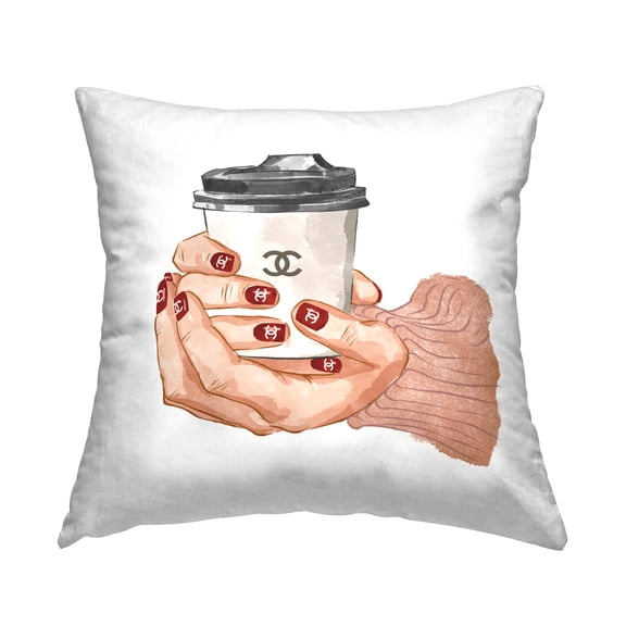 Stupell Industries Trendy Fashion Holding Coffee Cup Square Decorative Printed Throw Pillow, 18 x 18,