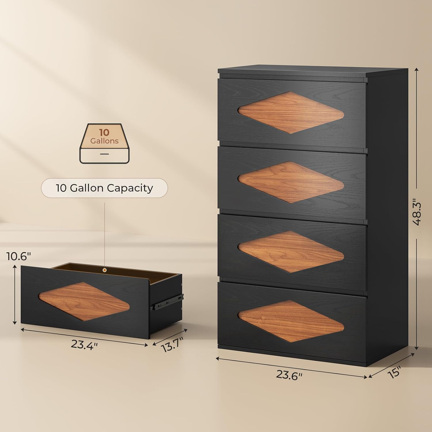 48.3'' Tall Dresser for Bedroom, 4 Chest of Wooden Deep Drawers, Vintage Dresser, Closet Storage Dressers Organizer for Bedroom, Living Room, Hallway (Black+Brown)