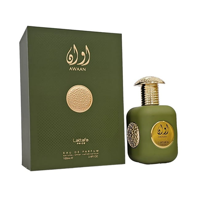 LATTAFA PRIDE AWAAN by Lattafa, EAU DE PARFUM SPRAY 3.4 OZ, a luxury fragrance for women featuring a green bottle with textured gold accents and matching packaging. The perfume is available in a 100 ml size.