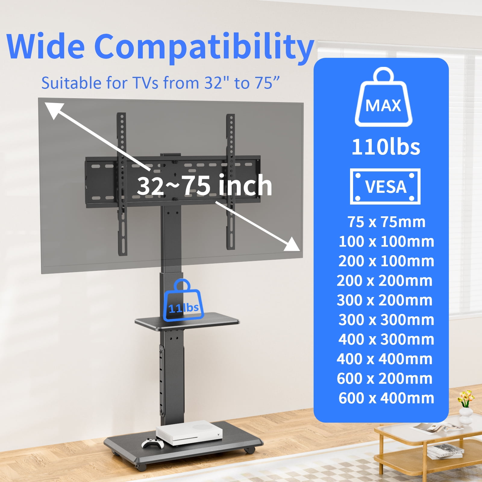 Rolling TV Stand with Power Outlet, Mobile TV Cart for 32-75 Inch TVs up to 110 lbs, 18 Adjustable Heights, Max VESA 600x400mm, TV Floor Stand with Swivel Mount/Shelf/Wheels, Fits for Bedroom