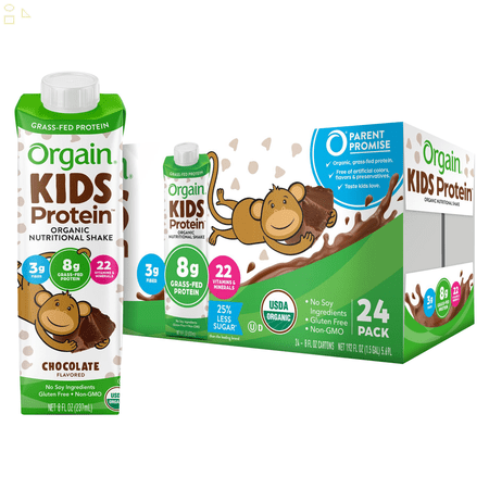 Orgain USDA Organic Kids Grass Fed Protein Shake, Chocolate, 8 Fl Oz, 24-Count
