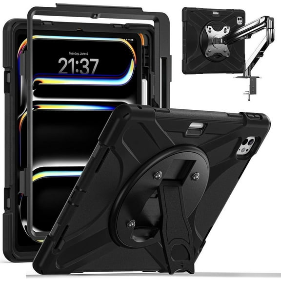 Case for iPad Pro 13 Inch Case 2024 M4 7th Generation Heavy Duty Rugged Shockproof Cover with 360° Rotating Stand & Pencil Holder & VESA Mounting Holes 75mm * 75mm