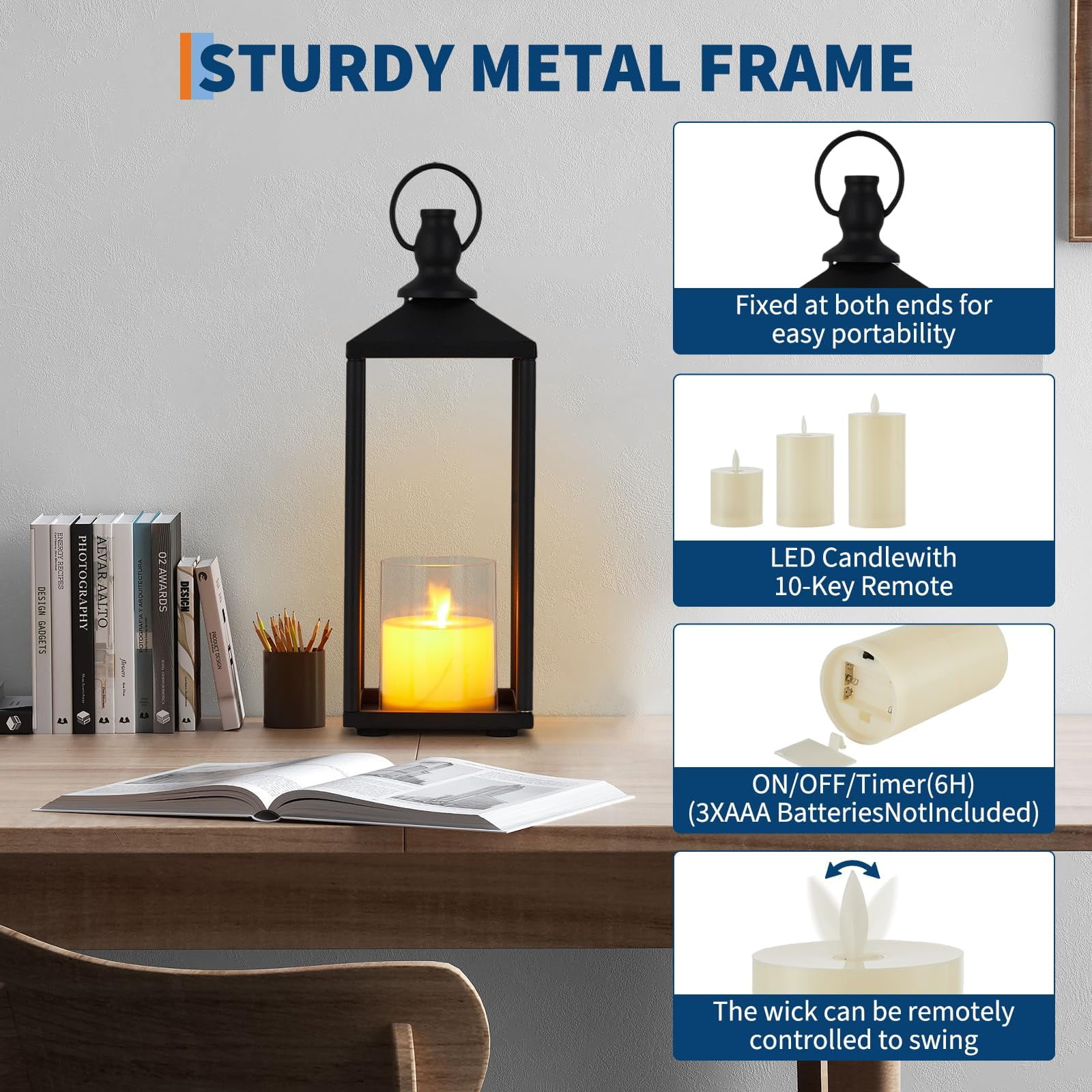Danolapsi Modern Farmhouse Lantern, 17"+19"+22"  Set of 3 Black Candle Lanterns for Christmas Porch Decor, Outdoor & Indoor Flameless LED Candles with Remote Timer, Patio Garden Floor Decor