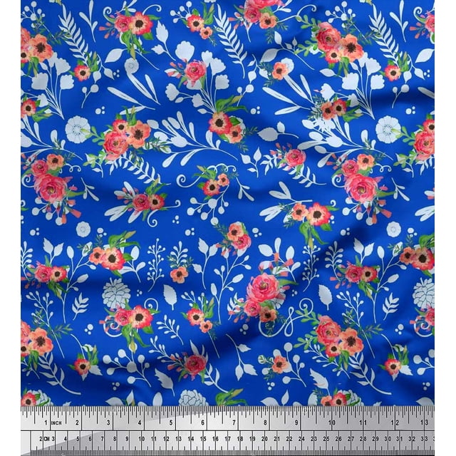 Soimoi Georgette Viscose Fabric Leaves & Poppy Anemone Flower Panel Decor Fabric Printed Yard 42 Inch Wide