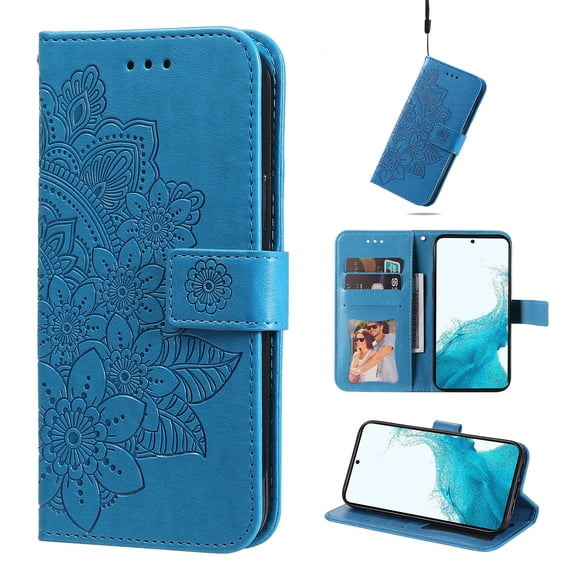 for Google Pixel 8a Girls Women Floral Embossed Wallet Folio Flip Case, Elegant Credit Card Slots PU Leather Magnetic Clasp Full Body Protective Kickstand Wrist Strap Phone Cover, Blue