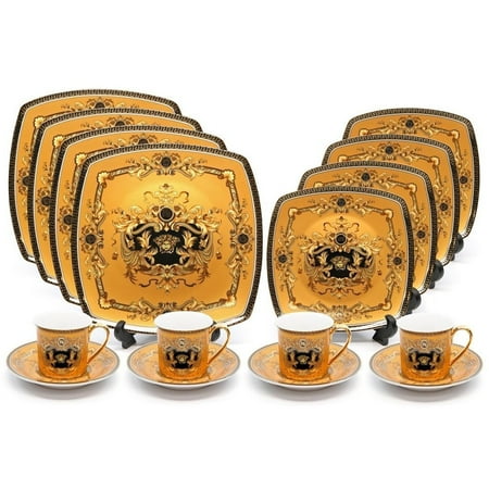 - Royalty Porcelain 16-pc Luxury Yellow, Greek Key Dinner Set, 24K Gold Medusa