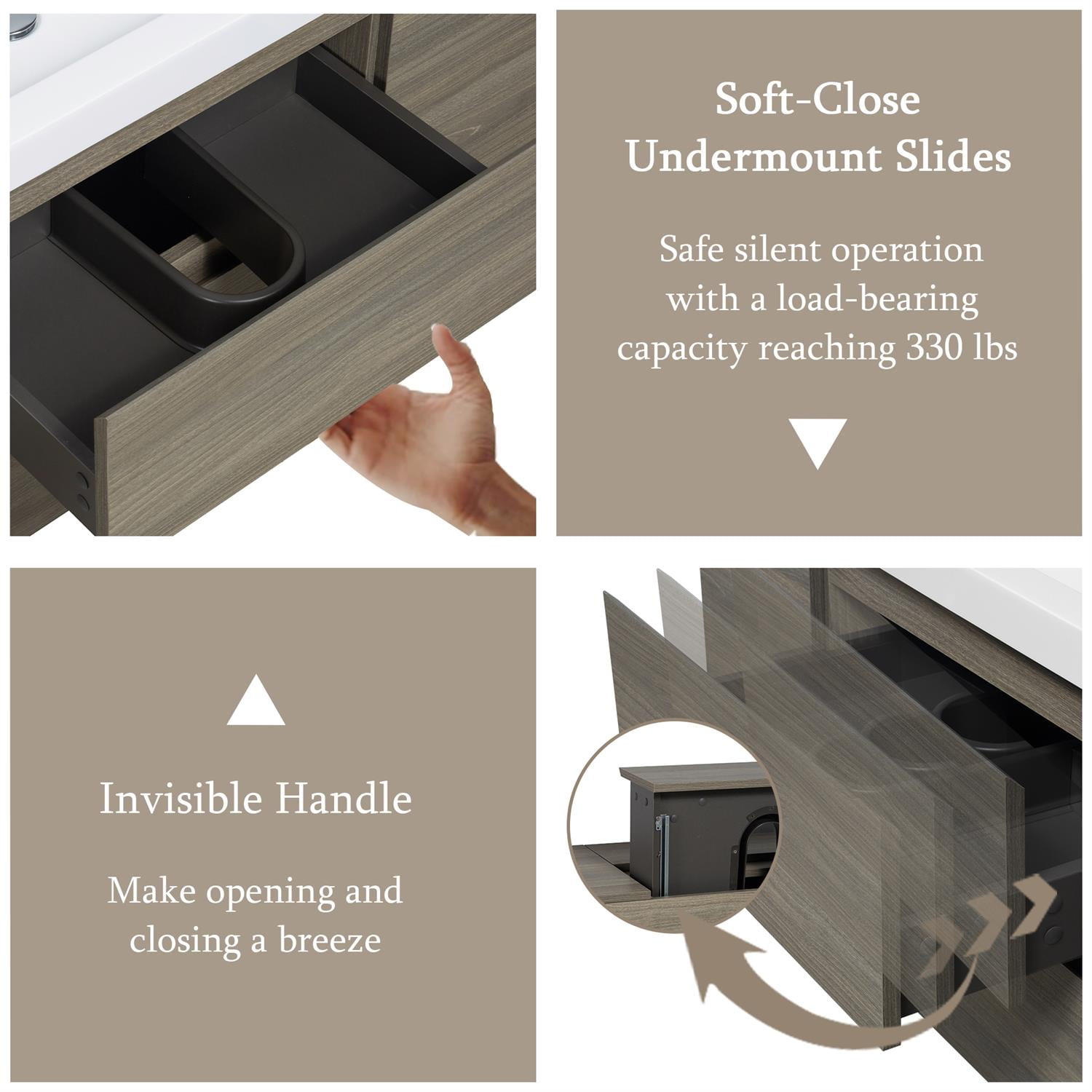 Demi Bonn 48" Floating Bathroom Vanity with Sink, Resin Top Basin and 2 Soft Close Drawers, 2 Storage Cabinet, Faucets and Drains Not Included, Gray