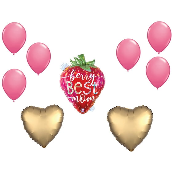 LOONBALLOON Mother's Day Theme Balloon Set, 26 Inch Best Mom Opal Strawberry Holo Balloon and 6x Latex Balloons