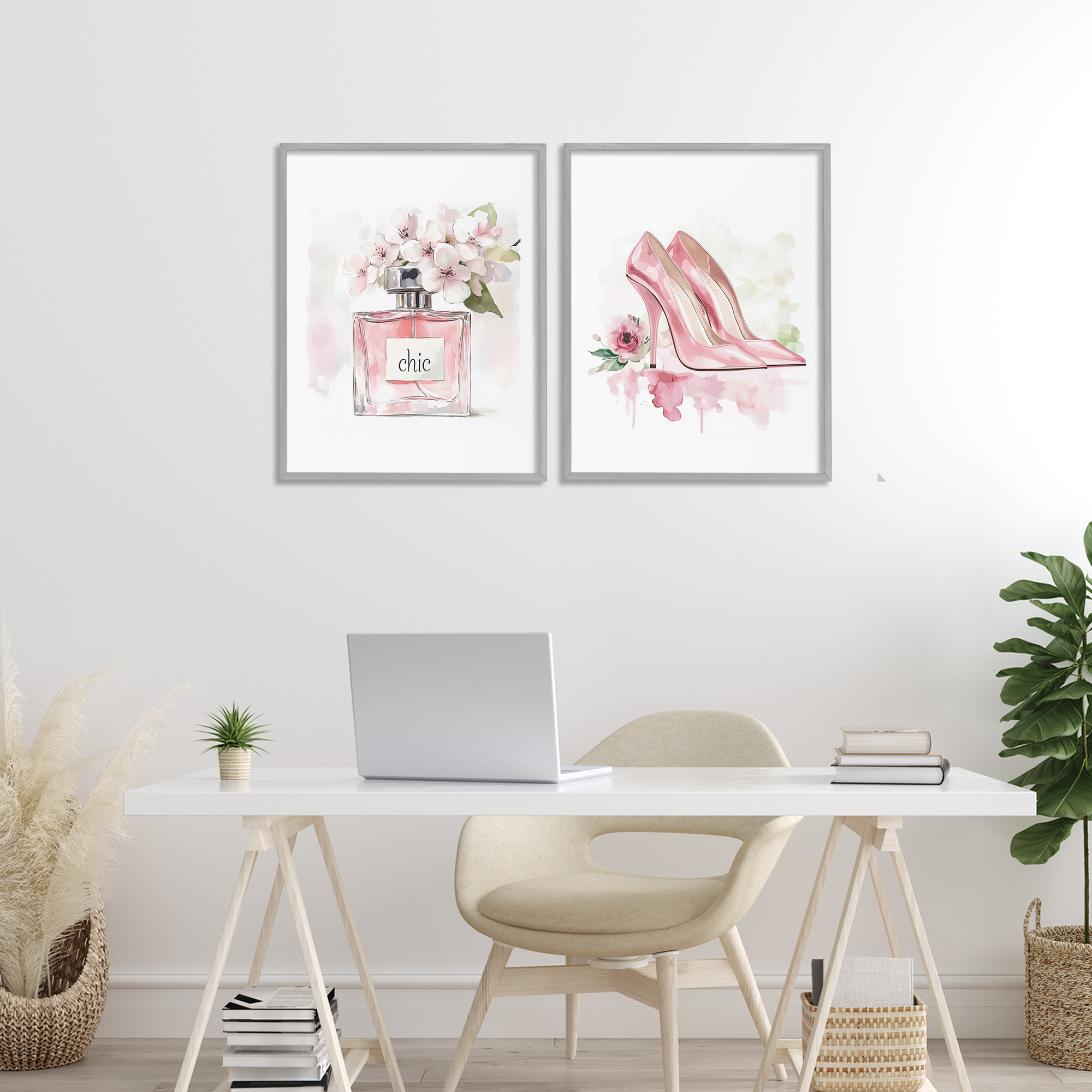 Rosy Pastel Perfume & Heels 2 Piece Gray Framed Giclee Art Set, design by Christine Simpson Art