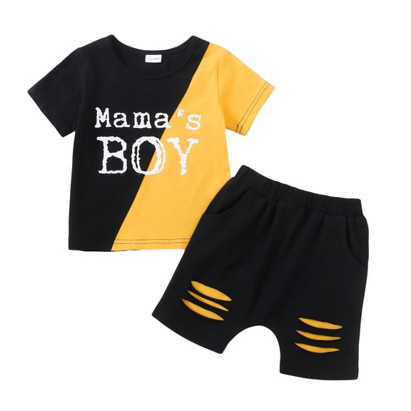3T Baby Boys Clothes 4T Boys 2PCS Summer Outfits Set Letter Print Round Neck Toddler Boys Short Sleeve Top Shorts Set Black