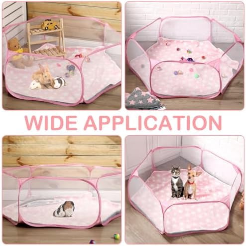 Hamster Playpen with Mat Small Animal Cage Tent Breathable Transparent Guinea Pig Playpen Waterproof Portable Yard Fence Mat Foldable Exercise Playpen Outdoor Indoor (Pink,Star)