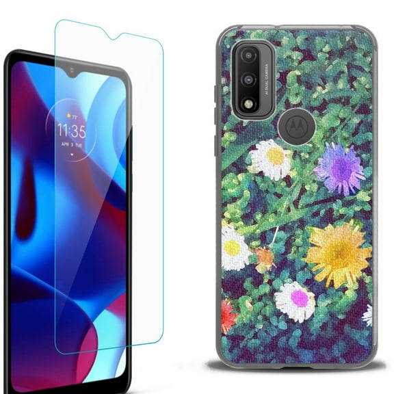 Slim-Fit Protective Phone Case (Black) compatible with Motorola Moto G Pure 5G, with Tempered Glass Screen Protector, by OneToughShield ® - Daisy Paint