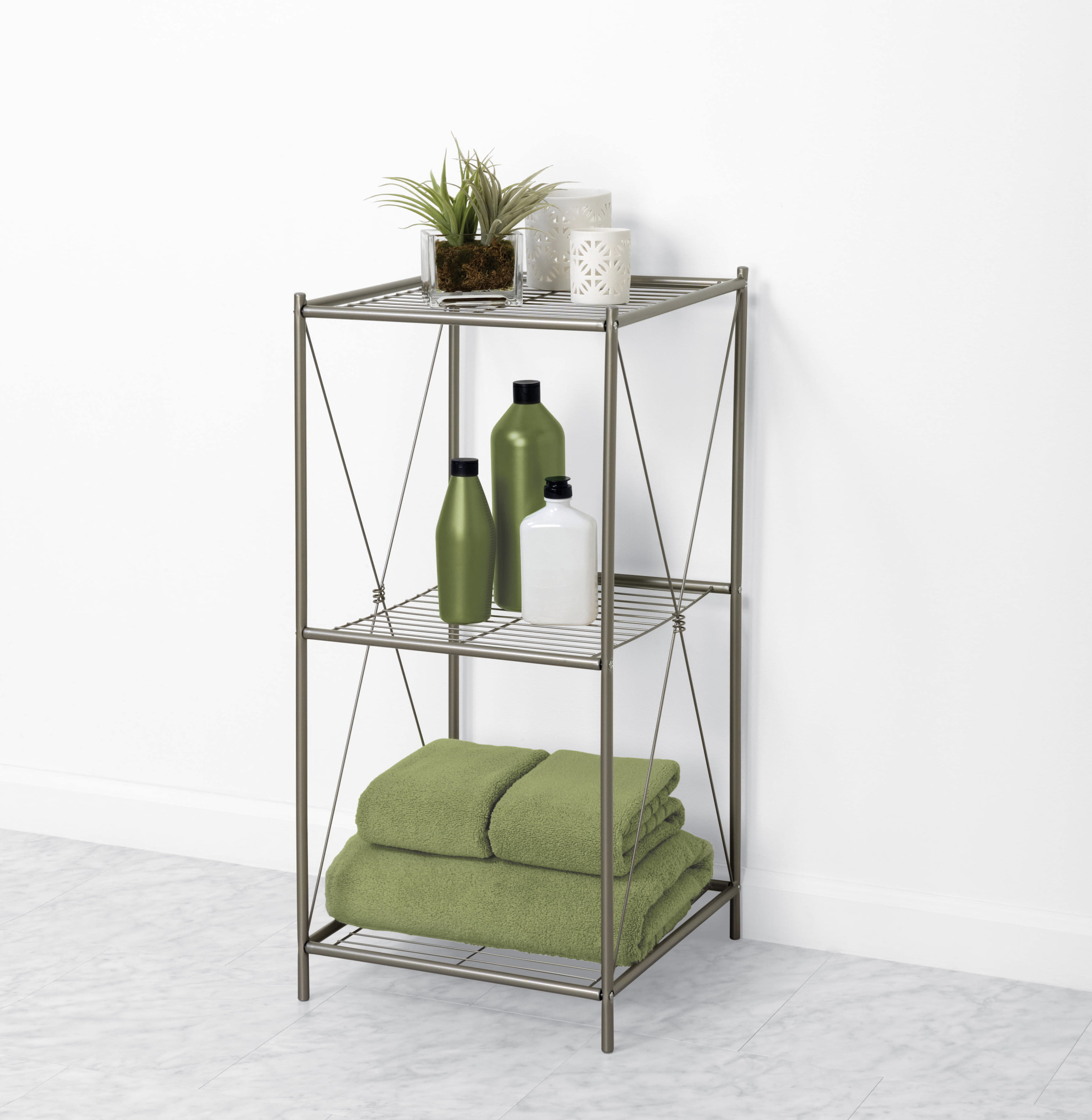 Satin Nickel Metal Floor Shelf With 3, Metal Stand Alone Shelves