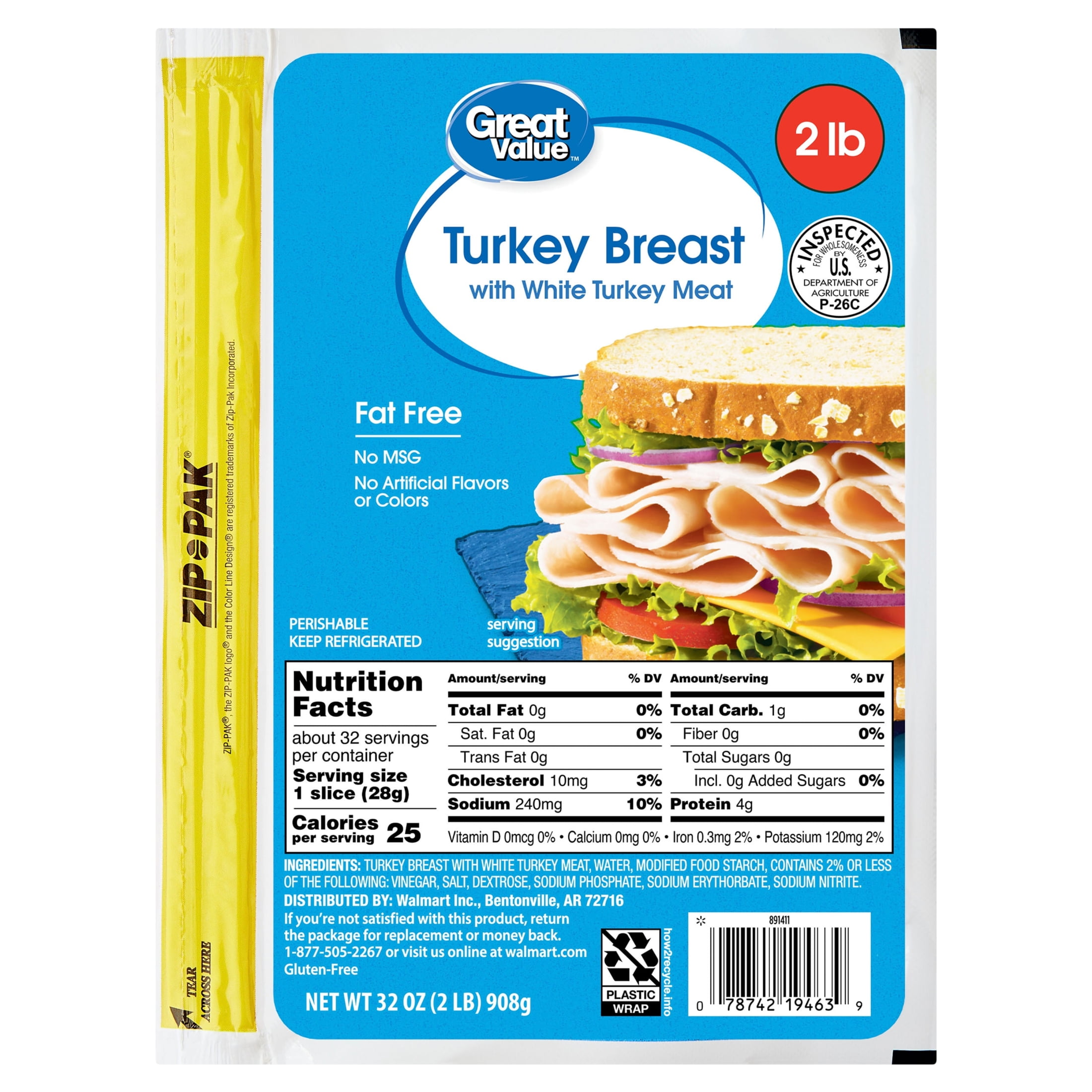 Great Value, Turkey Breast, 32 oz, Deli - Sliced
