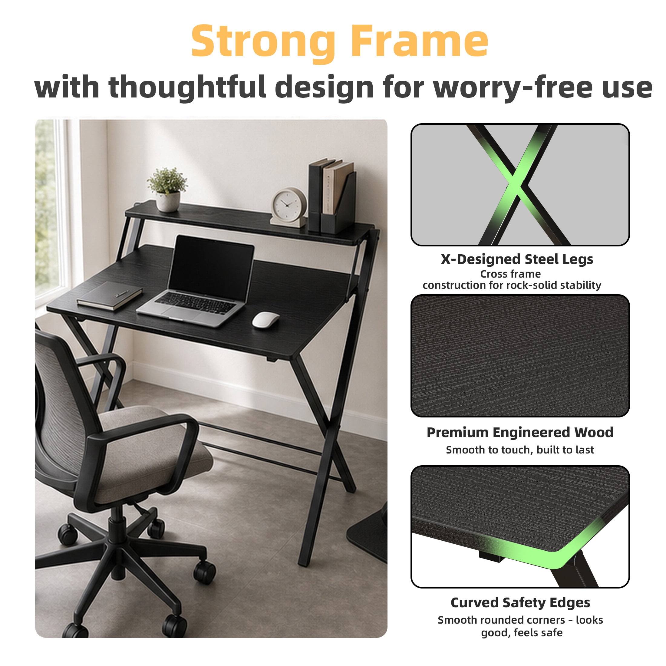 EDX Small Folding Desk with Shelf, No Assembly 2-Tier Compact Computer Table, Portable Study Workspace for Bedroom, Home Office, Black
