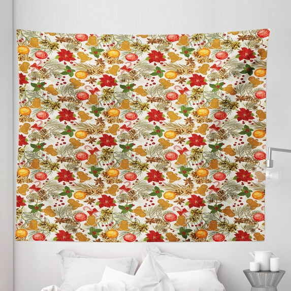 Christmas Tapestry, Vivid Colorful Xmas Theme Pine Cones Branches Gingerbread Man Berry Image Print, Fabric Wall Hanging Decor for Bedroom Living Room Dorm, 5 Sizes, Multicolor, by Ambesonne