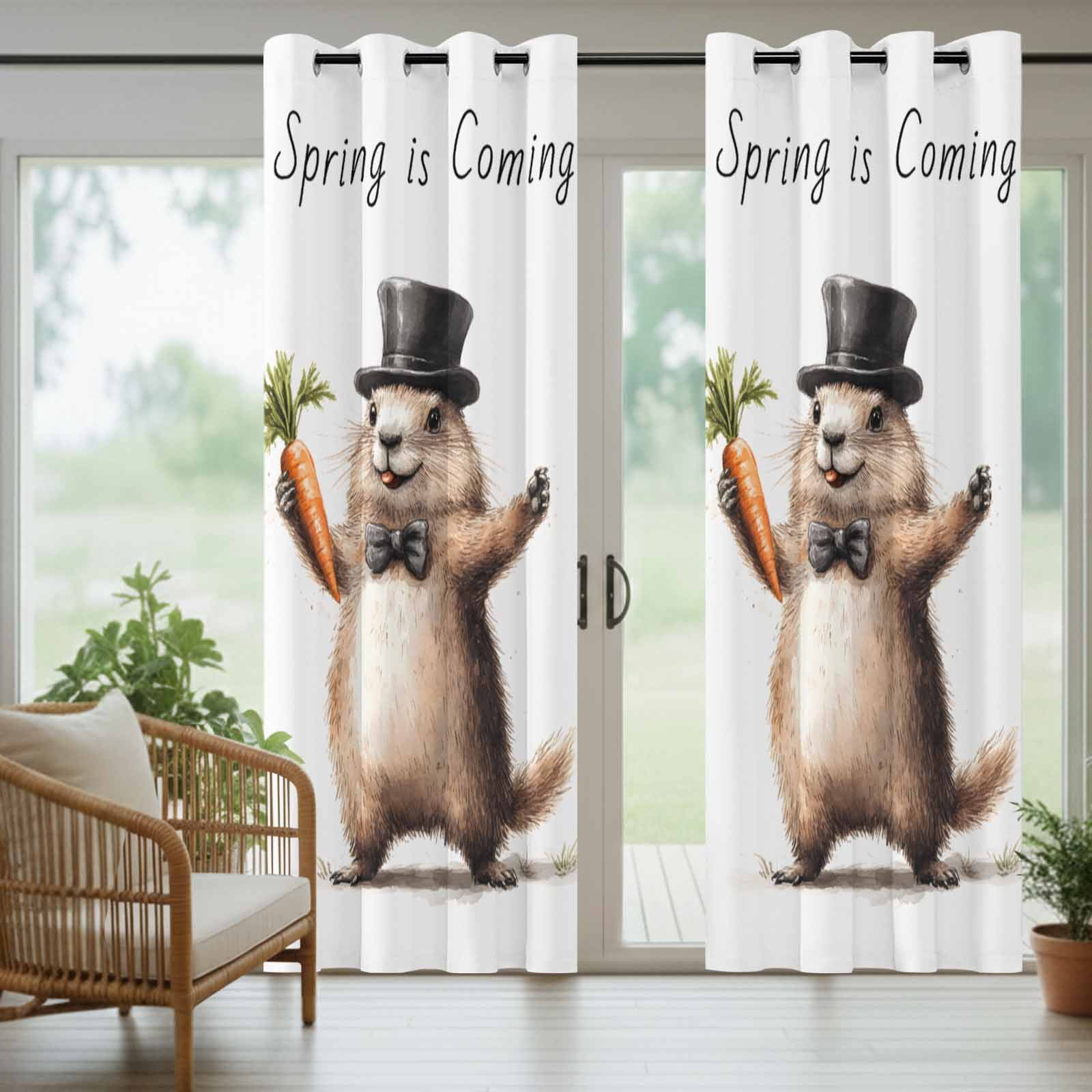 Outdoor Curtains for Patio Waterproof, Groundhog Day Windproof Pravicy Outside Porch Blackout Curtain, Spring Cute Brown Aniamls Carrot Sun Blocking Grommets Curtains for Cabana Gazebo 54"x108"