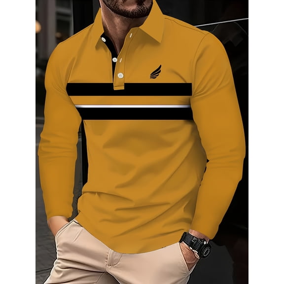 Mens Botton Up Polo Shirts Long Sleeve Casual Lightweigt Golf Polos Button Collared TShirt Yellow XXL