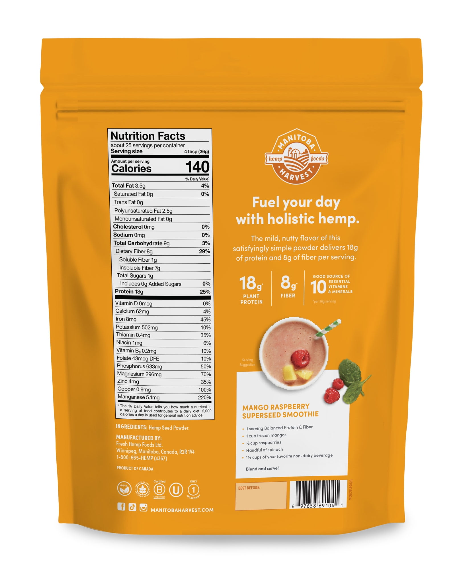 Manitoba Harvest Balanced Protein + Fiber Powder, Hemp Protein Powder, Unsweetened, 32 oz, 2 lb